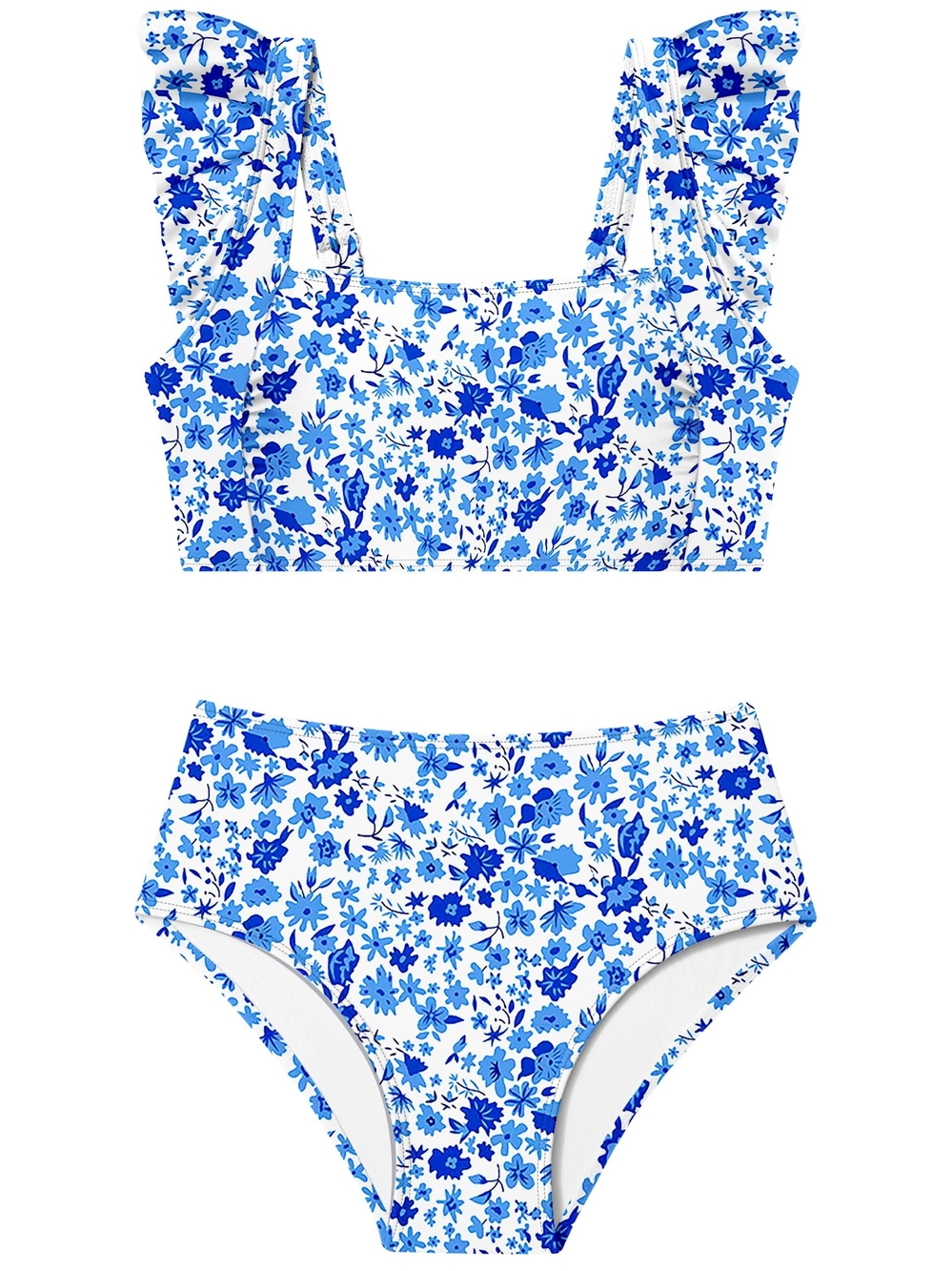 Blue Floral Ruffle-Strap Girls' Two-Piece Swimsuit